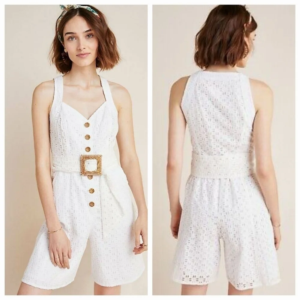 Anthropologie Belted Eyelet Romper in Ivory size 6 NWT